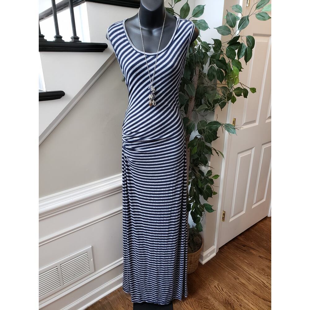 M.S.S.P. Long Maxi Dress Womens Large Gray & Black Striped Round Neck Sleeveless